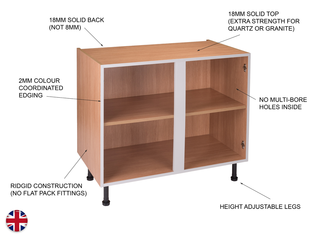 Base cabinet detail — 18mm solid back, 2mm colour-coordinated edging, rigid construction and height-adjustable legs